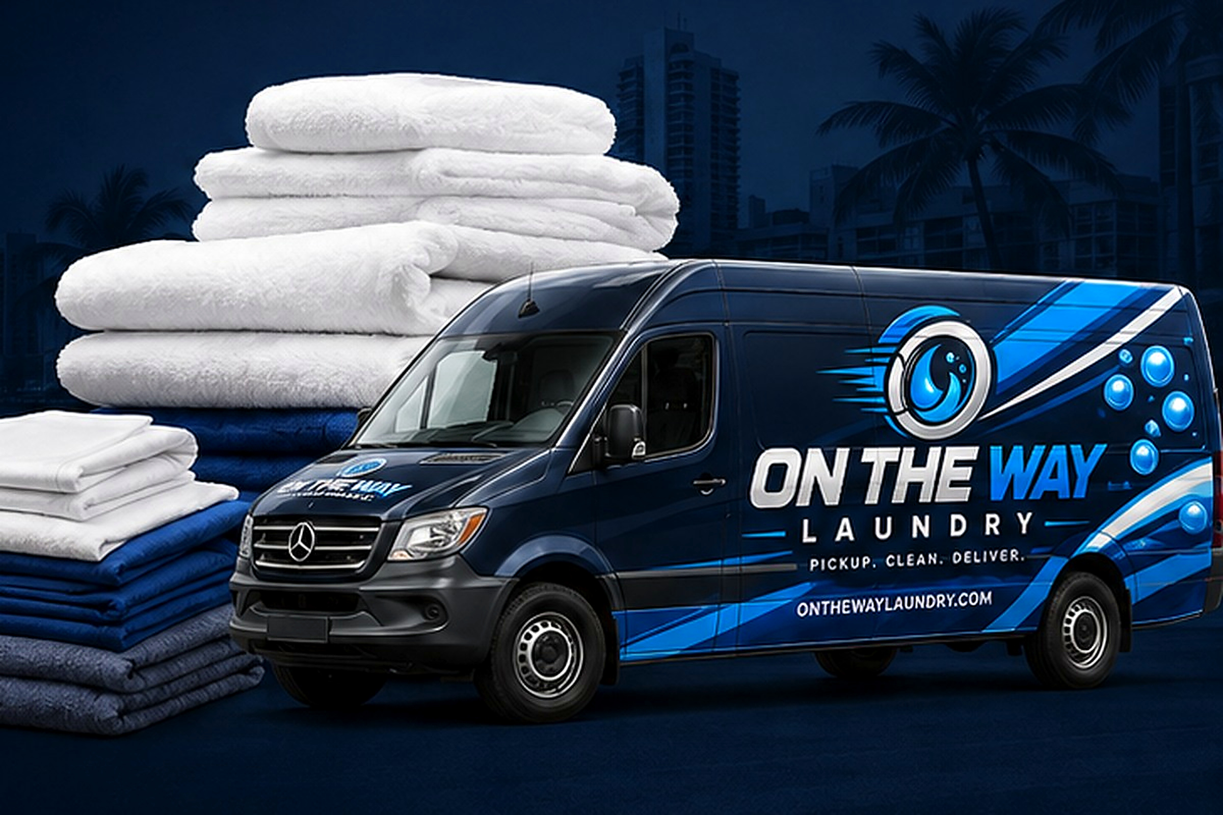 Commercial linens and On The Way Laundry service vehicle representing business laundry service