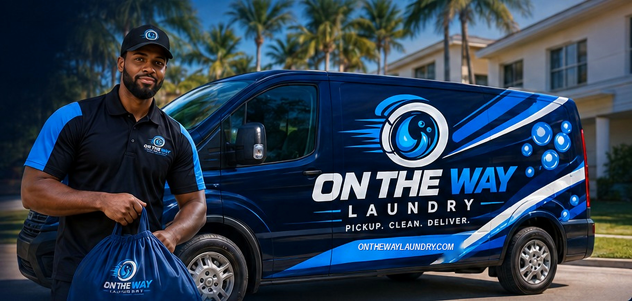 On The Way Laundry driver with branded delivery van in West Palm Beach