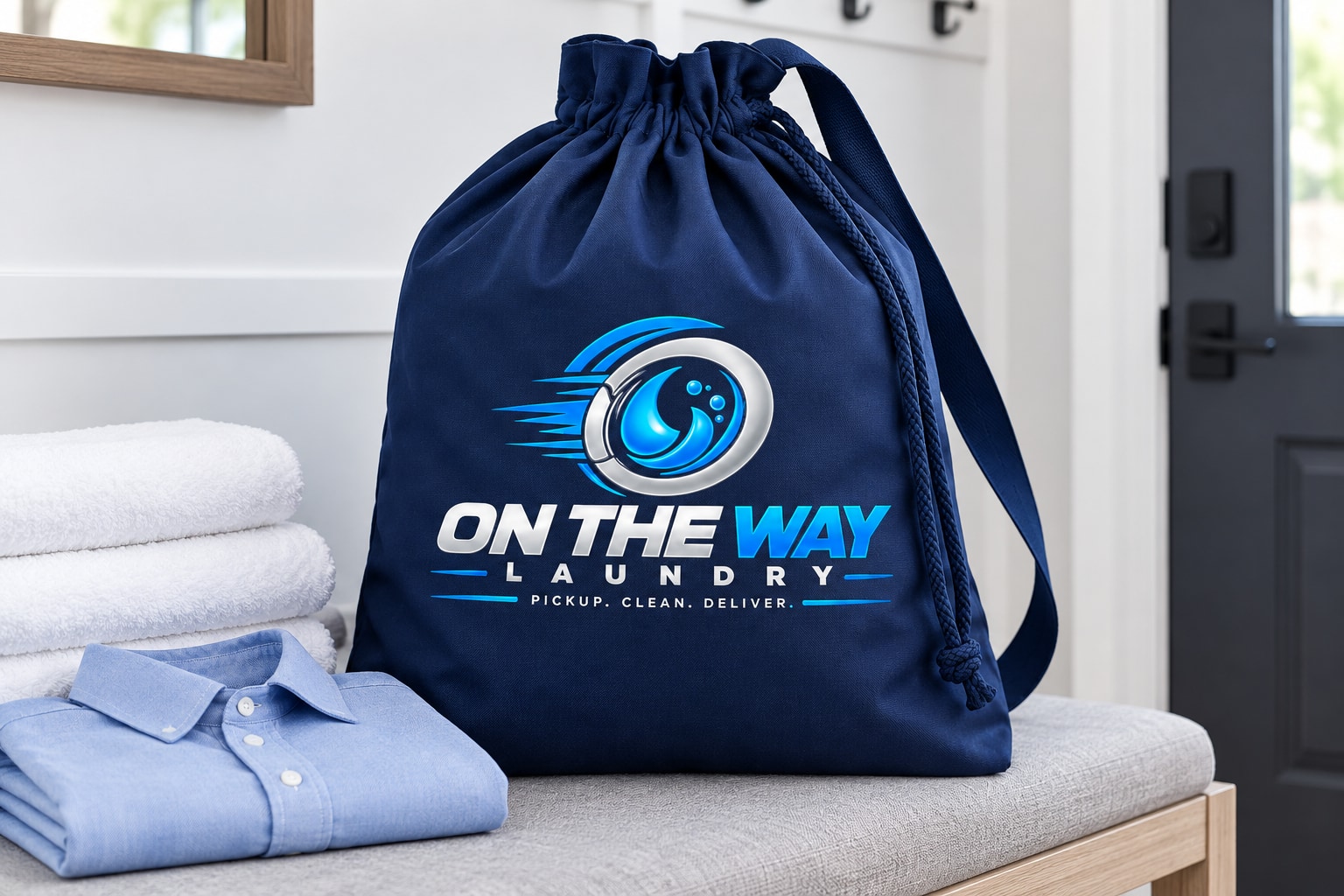 Blue On The Way Laundry pickup bag ready for recurring service